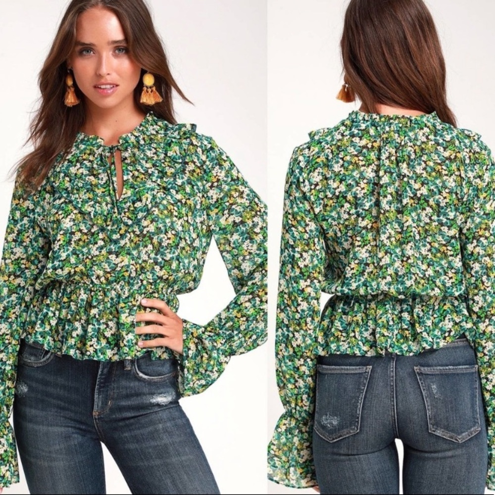 Lulu’s Solidago Sheer Green Floral Print Long Sleeve Peplum Top